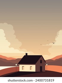 Vector illustration. Poster, banner design. Sunset, natural landscape, house, village. Postcard, banner.