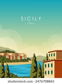 Vektorillustration. Poster, Banner Design, Sizilien, Italien. Modernes Design. Nette Stadt. Reisen, Tourismus.