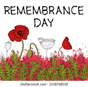 Vector illustration, poster or banner of remembrance day of Canada with poppy flowers background. 