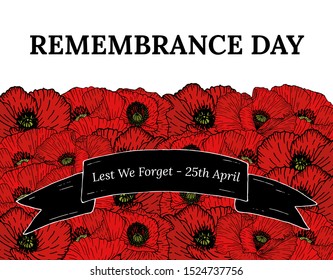 Vector illustration, poster or banner of remembrance day of Canada with poppy flowers background. With poppies and text Lest we forget - 25 april on black ribbon.