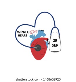Vector illustration, poster, banner  World Heart Day  29 September. Health care concept with heart and stethoscope.