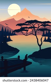 Vector illustration of a poster with a beautiful nighttime lake background, silhouettes of mountains, trees and anglers