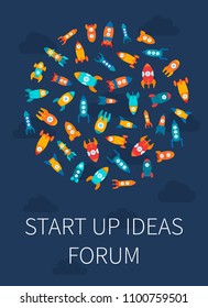 Vector illustration: poster for business forum - circle of flat rocket ships icons fly in dark blue background. Project start up and development process. Innovation product and management.
