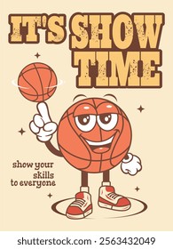 Vector illustration poster, cartoon character mascot basketball smiling with basketball spinning on finger, for poster print, t-shirt, mascot etc.