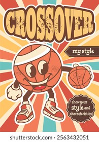 Vector illustration poster, cartoon character of smiling basketball mascot with crossover style dribbling the ball, for poster print, t-shirt, mascot etc.