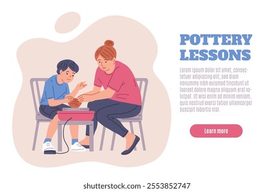 Vector illustration of a poster with characters molding clay pottery on a pottery wheel. A woman with a boy in a pottery lesson. Suitable for a website page. Flat style. Space for text.