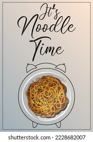 Vector illustration of poster with Chinese food noodles and text It's Noodle time isolated on light. Restaurant, cafe, shop, poster, greeting card, cover, banner, flyer concept.