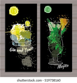 Vector illustration of Poster Cocktail set with price on black background. Template cocktail menu. Alcohol, Summer drinks. Spray, spot watercolor effect