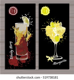 Vector illustration of Poster Cocktail set with price on black background. Template cocktail menu. Alcohol, Summer drinks. Spray, spot watercolor effect