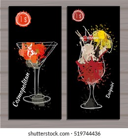 Vector illustration of Poster Cocktail set with price on black background. Template cocktail menu. Alcohol, Summer drinks. Spray, spot watercolor effect