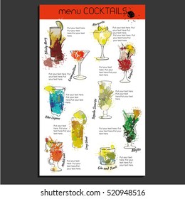 Vector illustration of Poster Cocktail set with price. Template cocktail menu. Alcohol, Summer drinks. Spray, spot watercolor effect.