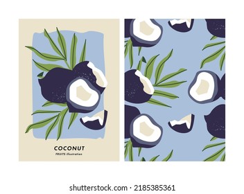 Cartel de ilustración vectorial con fruto de coco. Arte para postales, arte en la pared, banner, fondo. Patrón transparente
