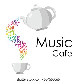 vector illustration of poster with colorful music notes and tea pot and cup for music cafe designs