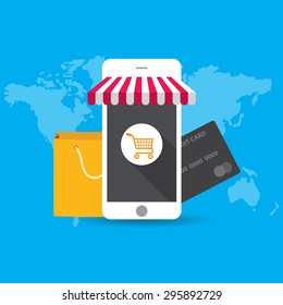vector illustration poster concept for e-commerce, online shopping, paying per click, buying products in internet