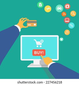 vector illustration poster concept with icons of buying product online shopping and e-commerce