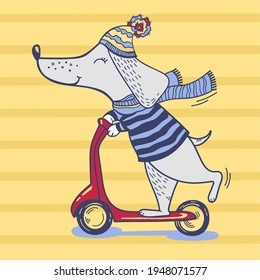 Vector illustration.  Poster with cute dance on scooter.  Yellow striped background.  Poster for children.  Dachshund in a sweater and cap.