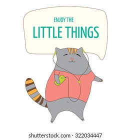 Vector illustration poster with a cute dance cat. Life begins after coffee text template.