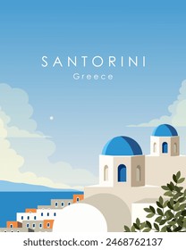 Vector illustration. Poster design Santorini, Greece. Wall poster, banner, postcard, cover. Travel, tourism. Modern design. Greek architecture.