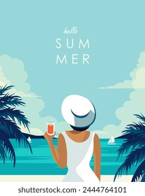 Vector illustration. Poster design, summer, vacation, beach, vacation. Modern design. Girl with a cocktail. Tropical island.