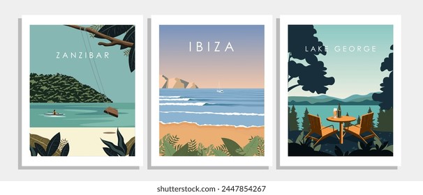 Vector illustration. Poster design, travel postcards, wall posters, banners. Tourism. trips. Zanzibar, Lake George, Ibiza.