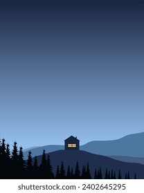 Vector illustration. Poster design, vertical banner, postcard. Night landscape, mountains, house, forest camp.