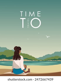 Vector illustration. Poster design, vertical banner, postcard, cover. Girl on the beach, island, bay. Modern design. Tourism. trips.