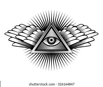 vector illustration poster design yelement sign Egyptian eye with wings in a triangle on a white background