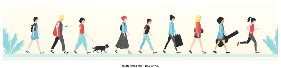 Vector illustration, poster. Diferend girls walking.