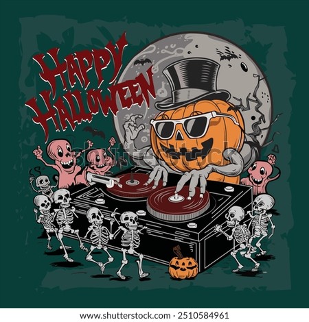 Vector illustration of a poster of DJ pumpkin having a halloween party surrounded by skeletons and ghosts with a moon background.