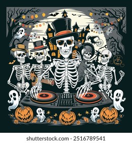 Póster de la Ilustración vectorial de DJ esqueleto jugando tocadiscos con sombrero de copa rodeado de esqueletos, calabazas de Halloween y fantasmas con la luna y fondo de la luna