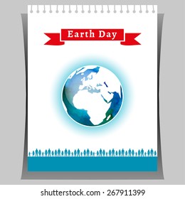 Vector illustration. Poster for Earth Day in white and blue colors. The Earth. Tear-off calendar with globe and people as a concept for Earth Day. Globe with watercolor texture and atmosphere.