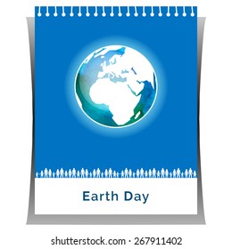 Vector illustration. Poster for Earth Day in white and blue colors. The Earth. Tear-off calendar with globe and people as a concept for Earth Day. Globe with watercolor texture and atmosphere. 