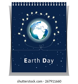 Vector illustration. Poster for Earth Day in white and blue colors. The Earth. Tear-off calendar with globe and with light bulbs as concept for Earth Day. Globe with watercolor texture and atmosphere.