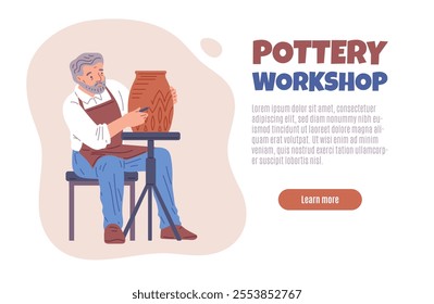 Vector illustration of a poster with an elderly man who is drawing a picture on a clay vase while sitting at a table. Pottery workshop. Website advertising page. Flat style. Space for text.