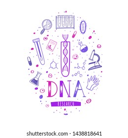 Vector Illustration, poster with equipment for DNA testing, research and hand drawn Lettering.  Conceptual design for chemical, biological and medicinal laboratory, school, university. 
