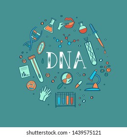 Vector Illustration, poster with equipment for DNA testing, research and hand drawn Lettering.  Conceptual design for chemical, biological and medicinal laboratory, school, clinic