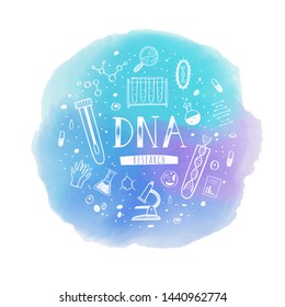 Vector Illustration, poster with equipment for DNA testing, research and hand drawn Lettering.  Conceptual design for chemical, biological and medicinal laboratory, school, clinic