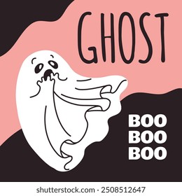 Vector illustration of a poster featuring a ghost with a scared expression on his face. This cute character in flat cartoon style is perfect for Halloween themes. There is space for text.