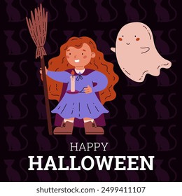 Vector illustration of a poster featuring a red-haired witch girl with a ghost. The character is dressed in a cloak, holding a lit candle and a broom. Halloween poster with place for text.