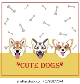 Cartel de ilustración vectorial en estilo plano. Cabezas de perros lindos varias razas con antecedentes blancos y amarillos con huesos.