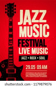 Vector Illustration poster flyer design template for Rock Jazz festival live music event with guitar in retro style on red background