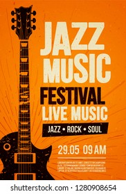 Vector Illustration poster flyer design template for Rock Jazz festival live music event with guitar in retro style on red background