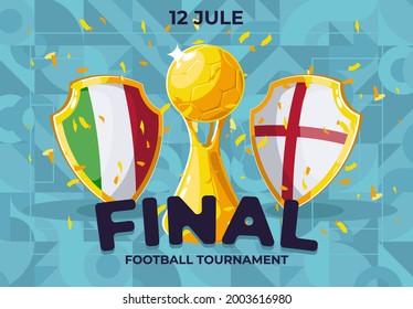 Vector illustration of a poster and flyer template for a football tournament, the final of the football championship between the Italian national team and the English national team, shields with flags