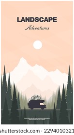 Ilustración vectorial en formato afiche. El tema de las montañas, el norte, los viajes y la aventura. Vida de la camioneta y hermosos paisajes fuera de la ventana. Un entorno maravilloso para un turista.