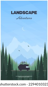 Vector illustration in poster format. The topic of summer forests, mountains. Van life and beautiful landscapes outside the window.