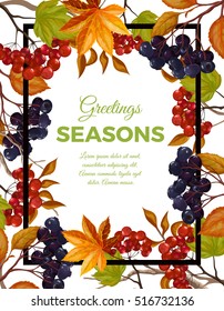 Vector illustration of a poster in a frame of winter berries. Viburnum and chokeberry. Seasonal greetings
