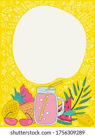 Vector illustration poster with free place for text with fruits, sunglasses and lemonade on a bright yellow background.