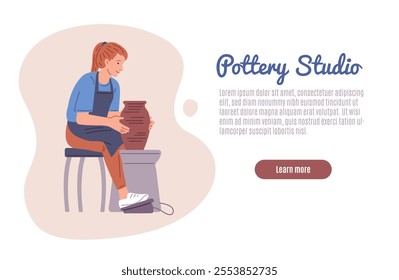 Vector illustration of a poster with a girl working at a potter's wheel, shaping a clay vase. Advertising web page of a ceramic studio website. Pottery workshop. Flat cartoon style. Space for text.