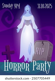 Vector illustration of a poster with a gothic female ghost on a cross and tombstone background. Horror party invitation. Space for text and date is available. Halloween theme. Flat style.