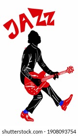 Vector illustration for poster. Guitar player plays jazz. Poster for jazz concert, school, party. Jazz music festival banner poster illustration vector. Music school. 